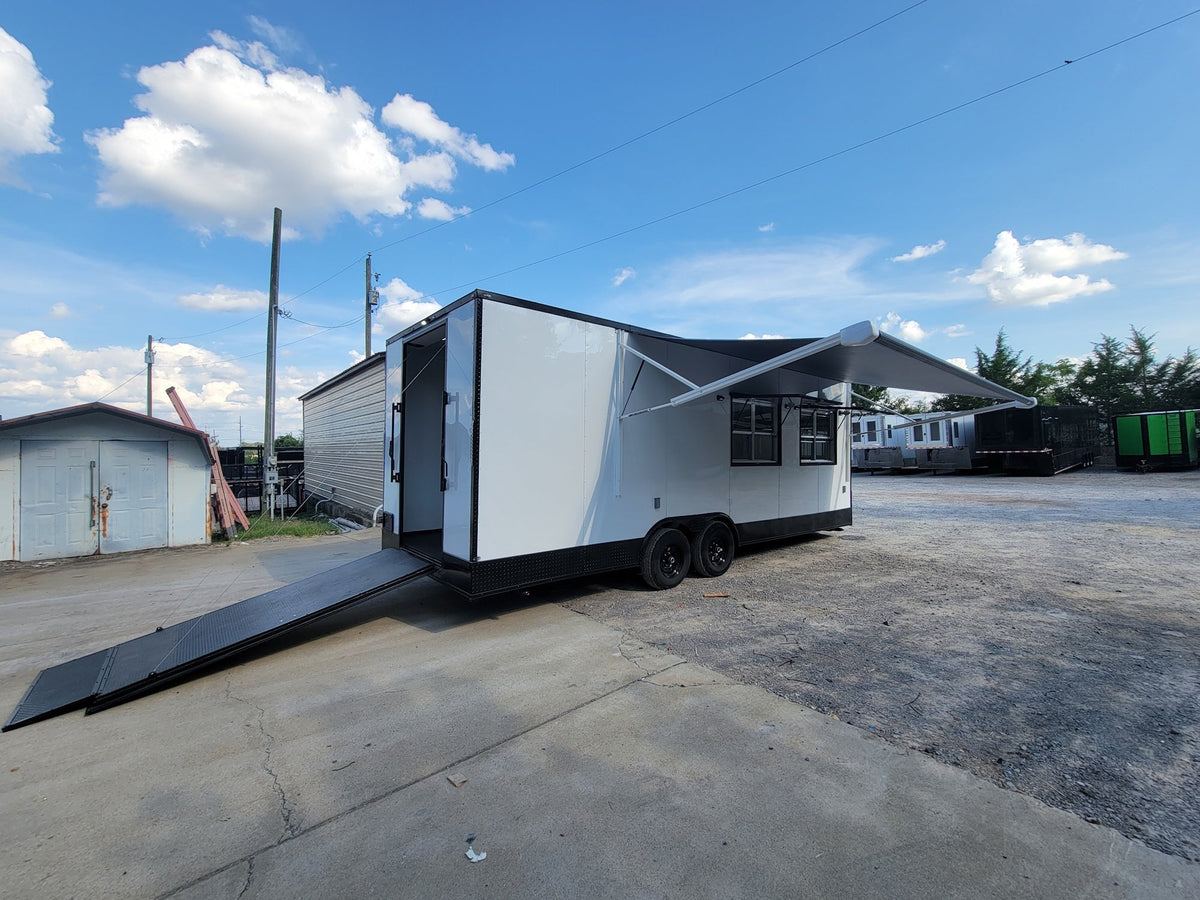 8.5' X 24' White W/ Black Out Trim Custom Concession Trailer Office and Ticket Booth