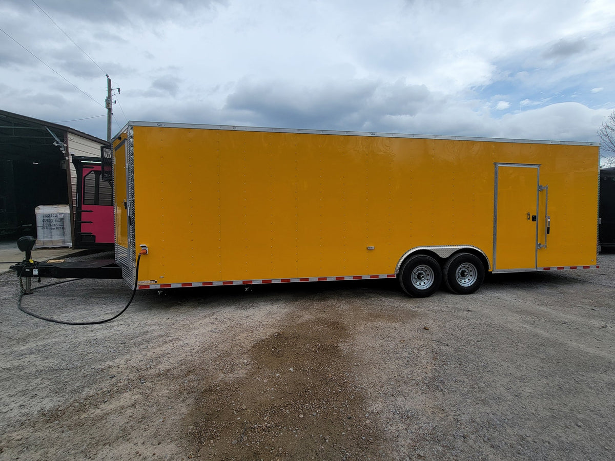 8.5' x 28' Custom Enclosed Yellow With 9' Porch With Lower Barn Door