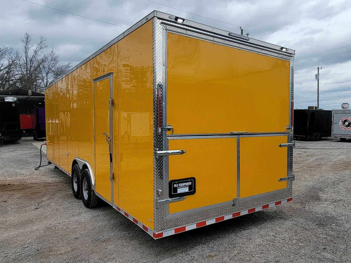 8.5' x 28' Custom Enclosed Yellow With 9' Porch With Lower Barn Door