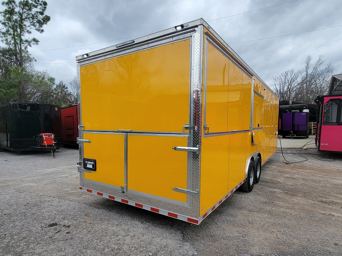 8.5' x 28' Custom Enclosed Yellow With 9' Porch With Lower Barn Door