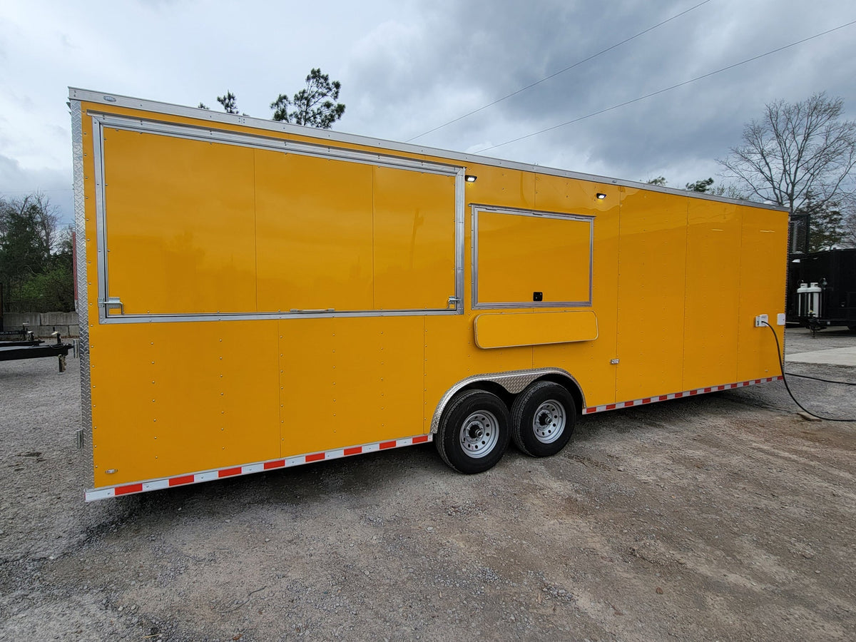 8.5' x 28' Custom Enclosed Yellow With 9' Porch With Lower Barn Door