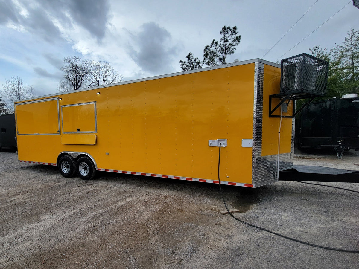 8.5' x 28' Custom Enclosed Yellow With 9' Porch With Lower Barn Door