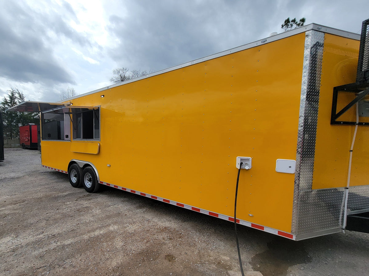 8.5' x 28' Custom Enclosed Yellow With 9' Porch With Lower Barn Door