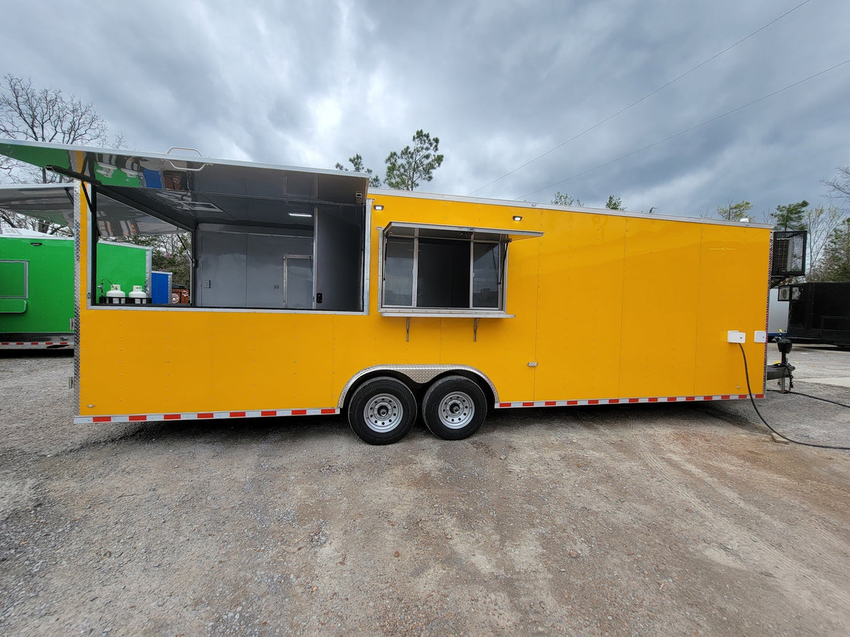 8.5' x 28' Custom Enclosed Yellow With 9' Porch With Lower Barn Door