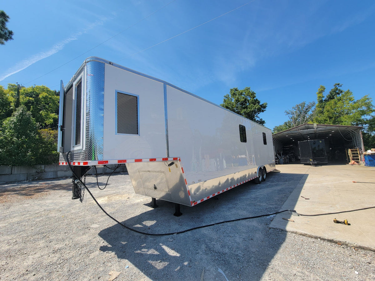 8.5' X 40' Custom Gooseneck Enclosed Trailer White With Silver Trim