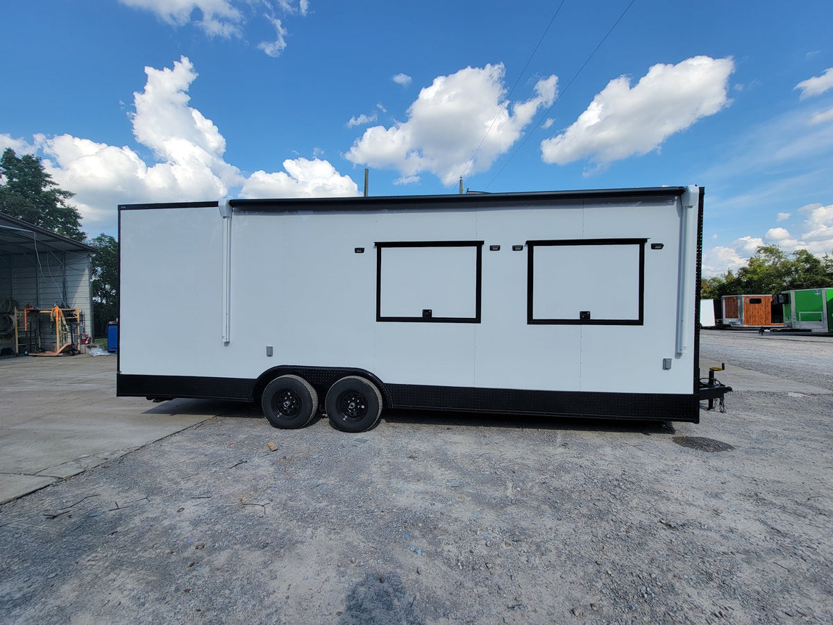 8.5' X 24' White W/ Black Out Trim Custom Concession Trailer Office and Ticket Booth