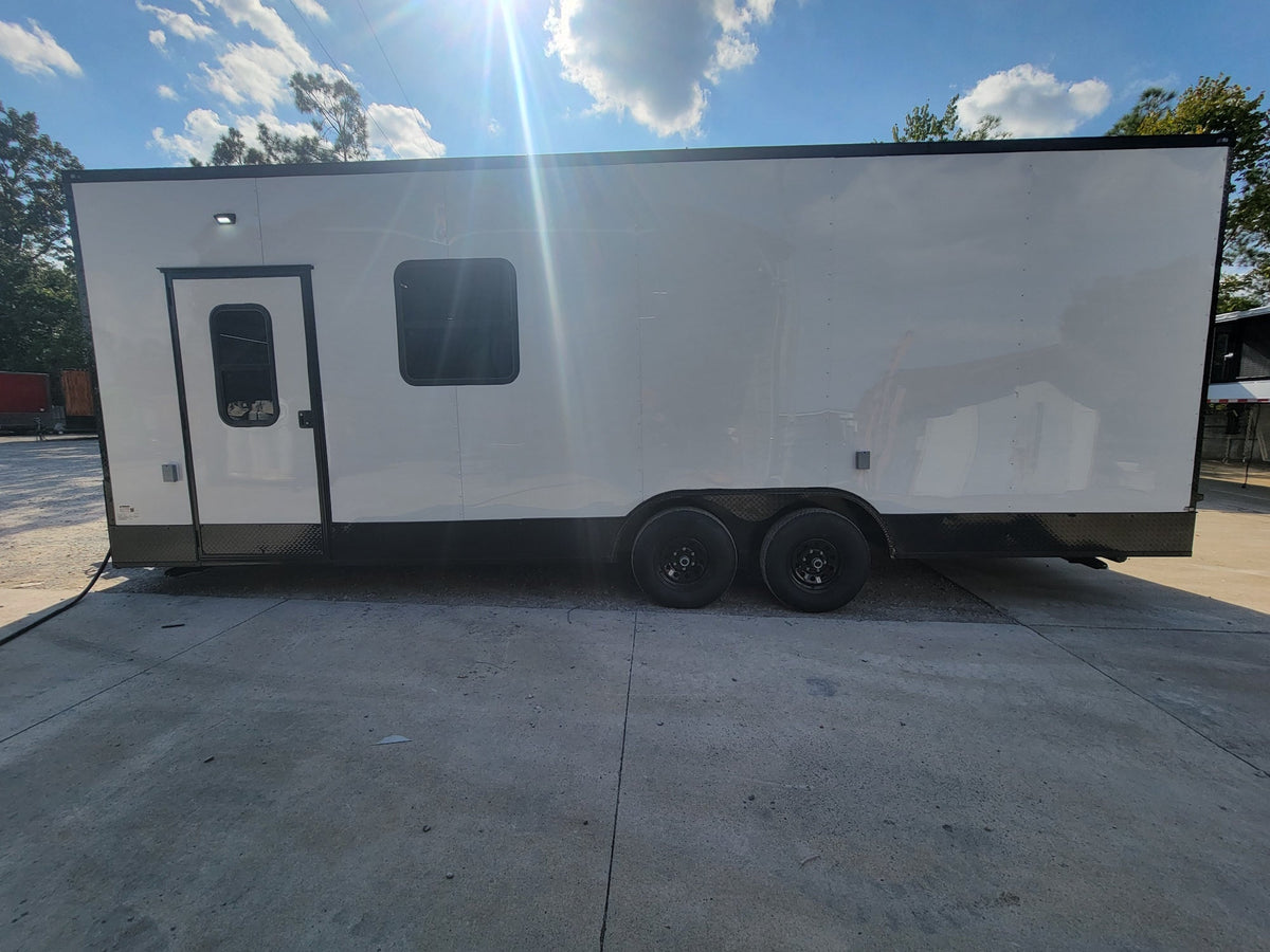 8.5' X 24' White W/ Black Out Trim Custom Concession Trailer Office and Ticket Booth