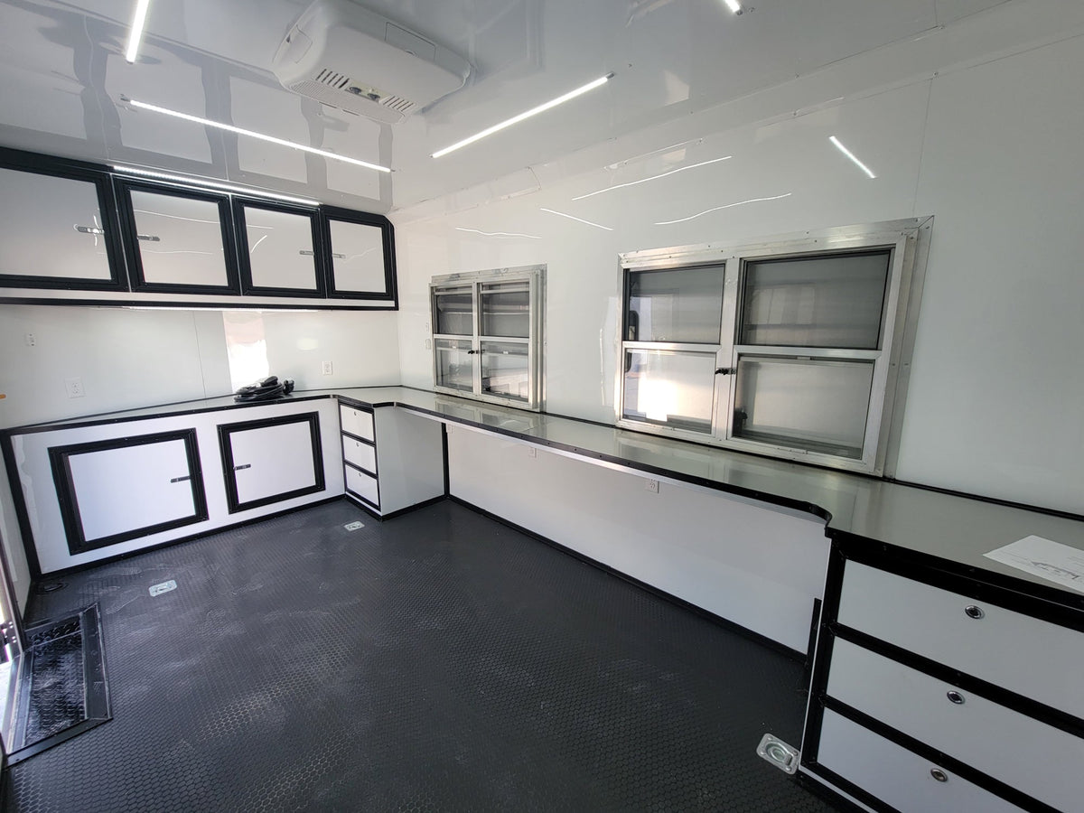 8.5' X 24' White W/ Black Out Trim Custom Concession Trailer Office and Ticket Booth