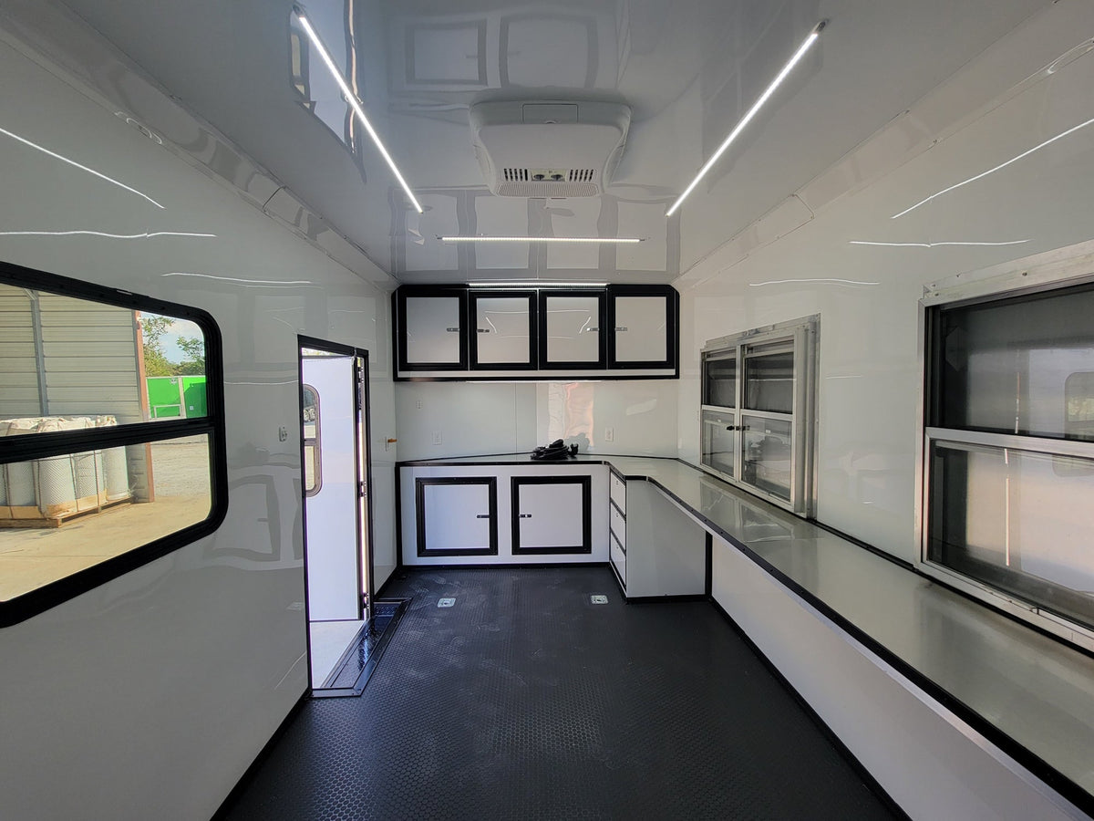8.5' X 24' White W/ Black Out Trim Custom Concession Trailer Office and Ticket Booth