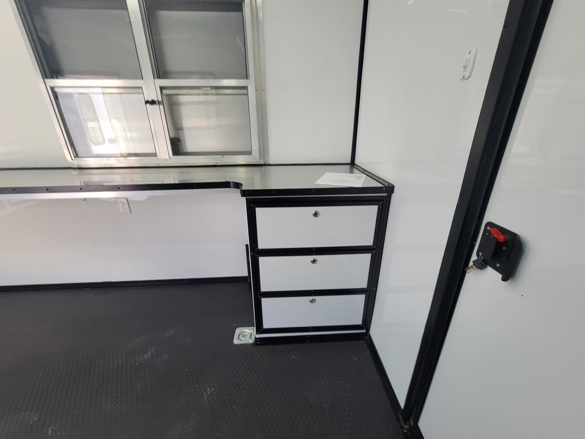 8.5' X 24' White W/ Black Out Trim Custom Concession Trailer Office and Ticket Booth
