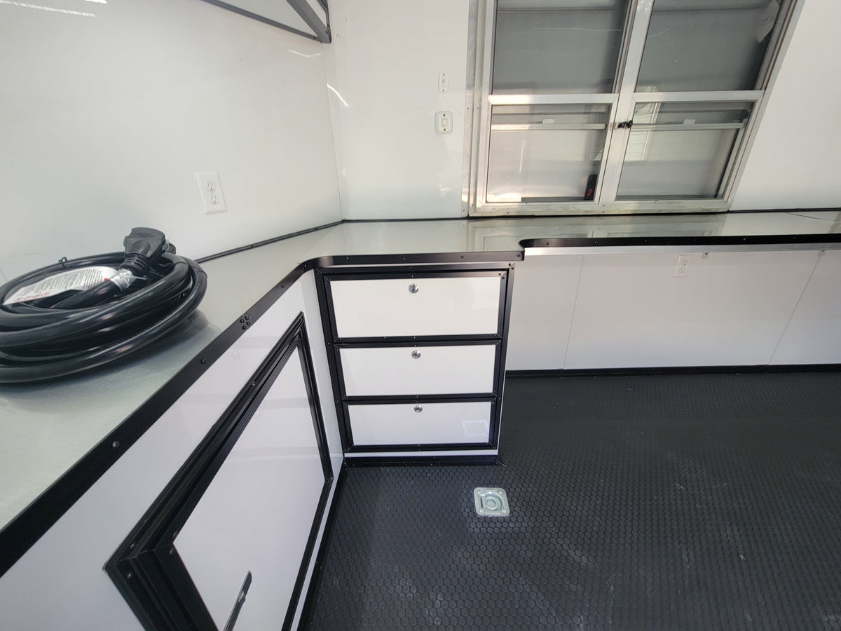 8.5' X 24' White W/ Black Out Trim Custom Concession Trailer Office and Ticket Booth