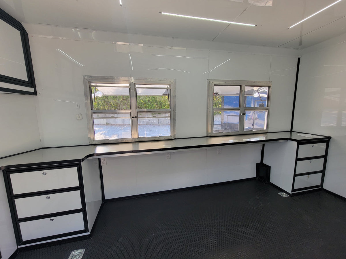 8.5' X 24' White W/ Black Out Trim Custom Concession Trailer Office and Ticket Booth