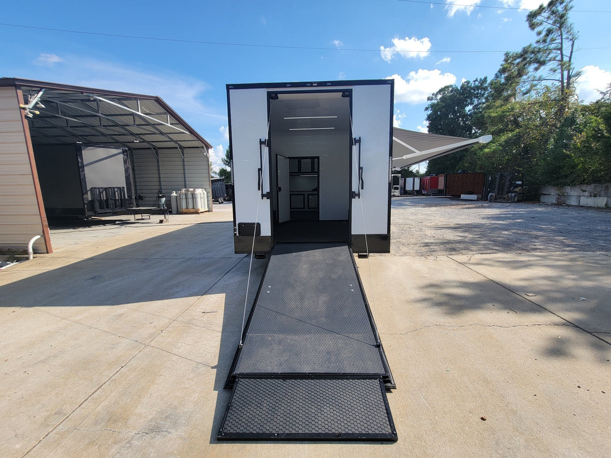 8.5' X 24' White W/ Black Out Trim Custom Concession Trailer Office and Ticket Booth