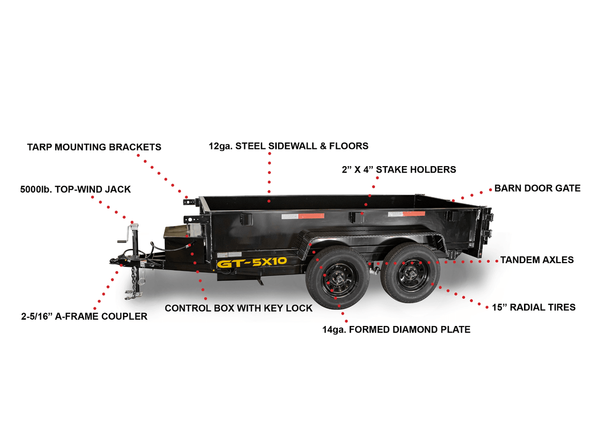 5x10 Hydraulic Dump Trailer Powder Coated with 16" Sides 7K GVWR